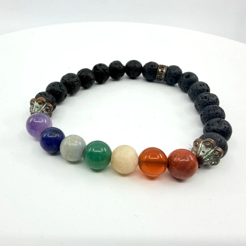 Vintage Bohemian 7 Chakra Lava Rock Stretch Beaded Healing Bracelet 90s